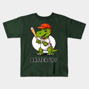 Batter Up Dino Playing Baseball Kids T-Shirt